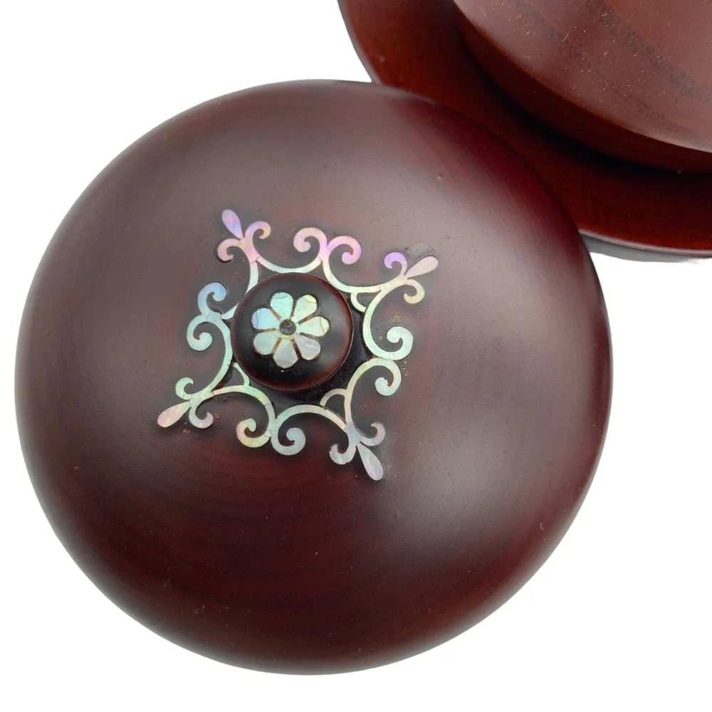 Wooden lidded vanity trinket dish jar Mother of pearl inlay mahogany turned poli